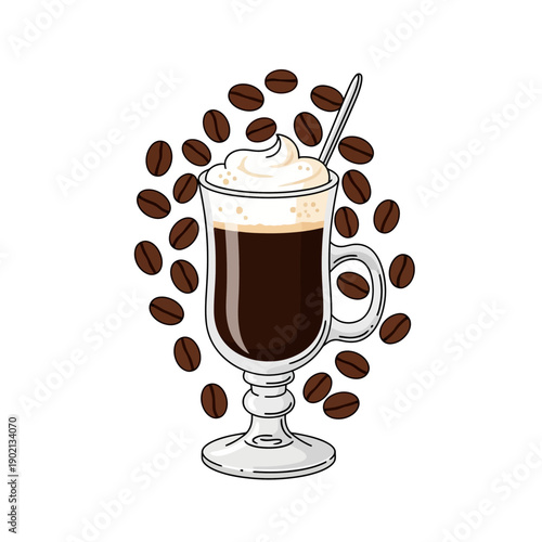 Vector illustration of irish coffee glass surrounded by coffee beans and topped with cream. Traditional beverage or cocktail in glass cup