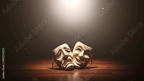 Tragic and comic theater masks on empty stage under spotlight