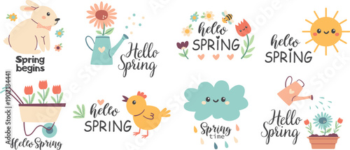 Vector set of spring phrases with flowers and spring symbols. Positive phrases for stickers, cards and posters