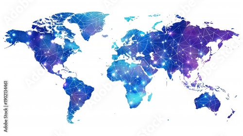 Digital World Map Illustration with Connectivity Network in Blue and Purple Colors