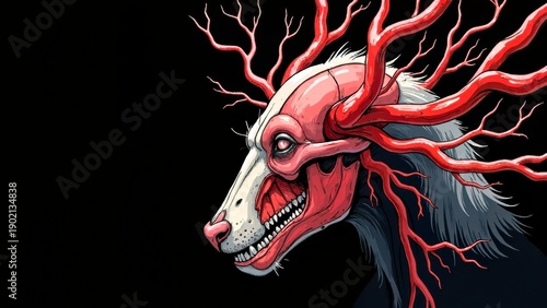 Close up image of bloodthirsty beast head, violent, dark and eerie