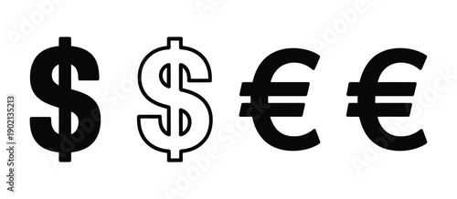 International finance vector icon set, dollar and euro currency symbols, solid and outlined, representing global banking, investment, and business concepts.