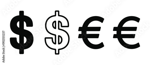 International finance vector icon set, dollar and euro currency symbols, solid and outlined, representing global banking, investment, and business concepts.