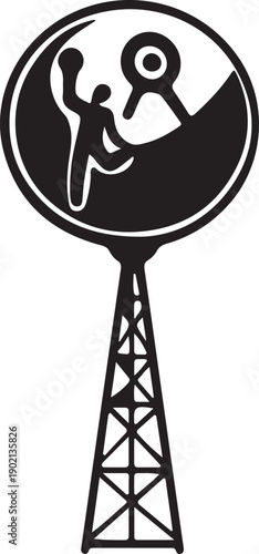 Person holding a magnifying glass overlooking a city from a radio tower