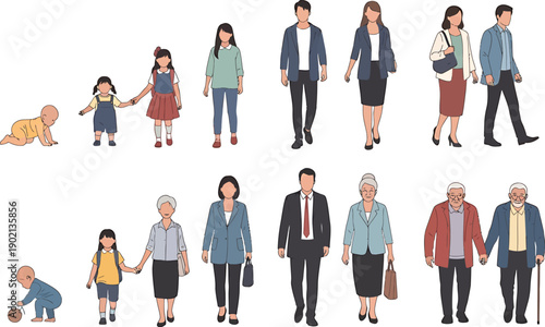 Diverse People Representing Life Stages and Generations from Baby to Elderly Vector Illustration