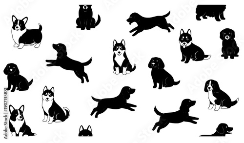 Seamless black dog silhouette pattern vector with multiple breeds and poses
