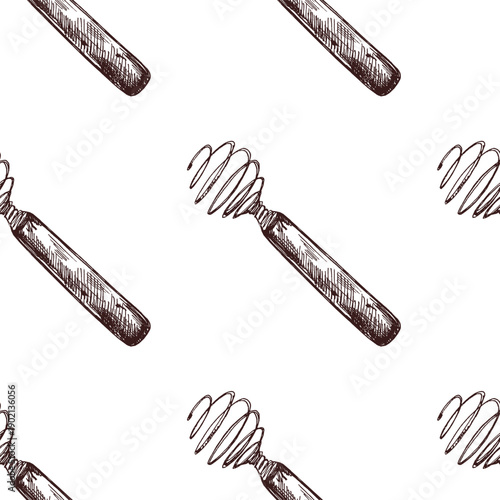 Hand drawn vintage seamless pattern of compact spiral kitchen whisk in monochrome sketch style, isolated utensil illustration