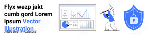 Data analysis graphs, hacker with pickaxe targeting data, and lock on shield representing cybersecurity defense. Ideal for business strategy, technology, online security, data protection, education