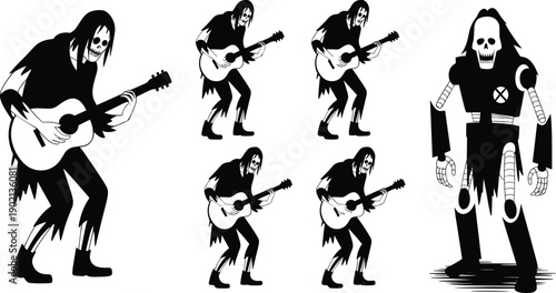 Horror skeleton guitarist silhouette set playing acoustic guitar and spooky robot monster, undead musician figures for Halloween festival or heavy metal concert design