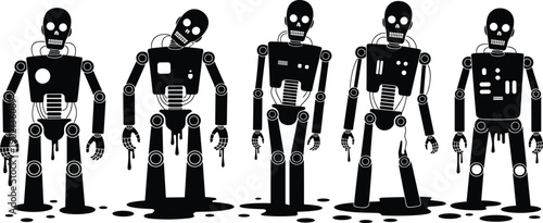 Vector silhouette set of creepy skeleton robots and mechanical droids melting on white background, spooky cyborg characters for Halloween or sci-fi horror design projects