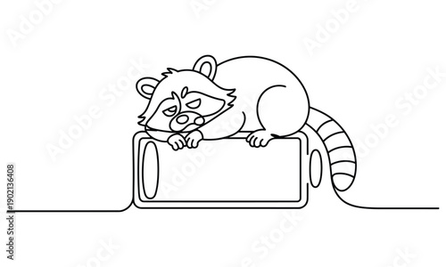 Cute cartoon raccoon resting its head on a rectangular object ready for nap