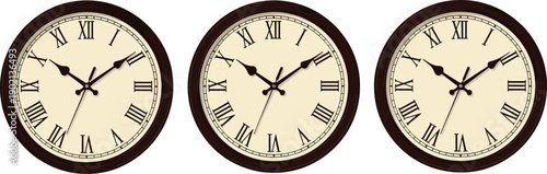 Three clocks with roman numerals on white background time wall clock