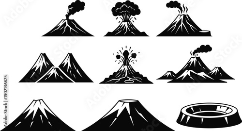 Black and white volcano in different eruption stages volcanic eruption mountain smoke