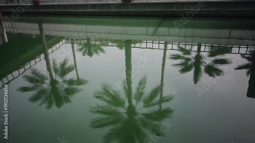Reflections of palm trees in a body of water create a symmetrical and serene composition. The green hue adds a mysterious and dreamlike quality to the image