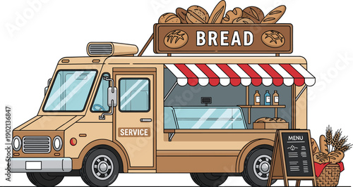 Illustrated bread food truck with bakery service concept, mobile bakery van selling fresh loaves, pastries and artisan bread, flat vector design isolated on white background
