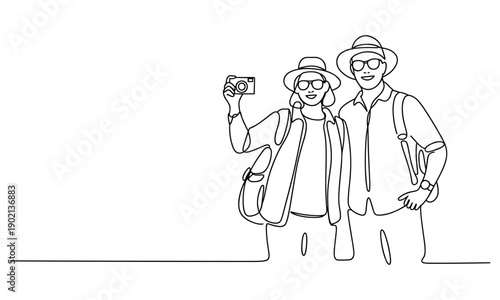 Happy couple taking a selfie while traveling and enjoying their vacation together