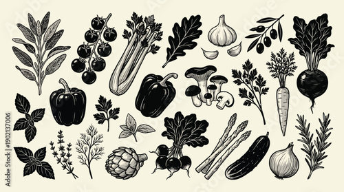 Black Stamp Vegetables Set with Retro Woodcut Engraved Farm Food Icons, Organic Healthy Products Including Tomato, Onion, Garlic, Celery, and Pepper, Vector Vegetable Sketch Collection