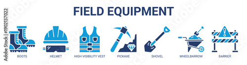 Field Equipment web banner icon vector illustration concept with icon of boots, helmet, high visibility vest, pickaxe, shovel, wheelbarrow, and barrier.