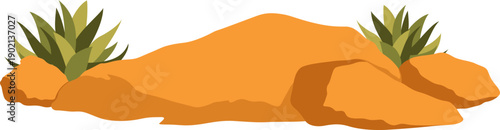 Desert rocks formation illustration for environment landscape, background with cactus and grass. Vector isolated.