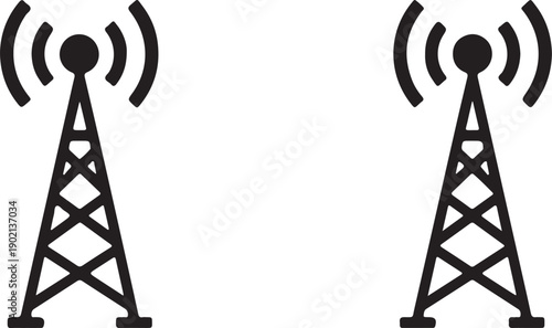 Two wireless communication towers with signal waves on a white background