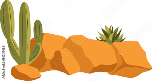 Desert rocks formation illustration for environment landscape, background with cactus and grass. Vector isolated.