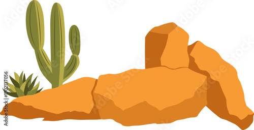 Desert rocks formation illustration for environment landscape, background with cactus and grass. Vector isolated.