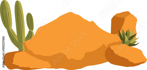 Desert rocks formation illustration for environment landscape, background with cactus and grass. Vector isolated.