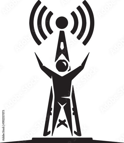 A person holding up a tower with radio waves emanating from it.