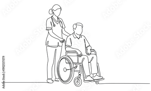 Healthcare professional assisting an elderly person in a wheelchair illustration