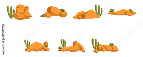 Set of desert rocks formation illustration for environment landscape, background with cactus and grass. Vector isolated.