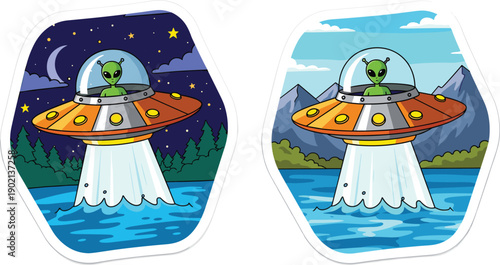 Cartoon alien in orange spaceship landing in water at night and daytime green alien