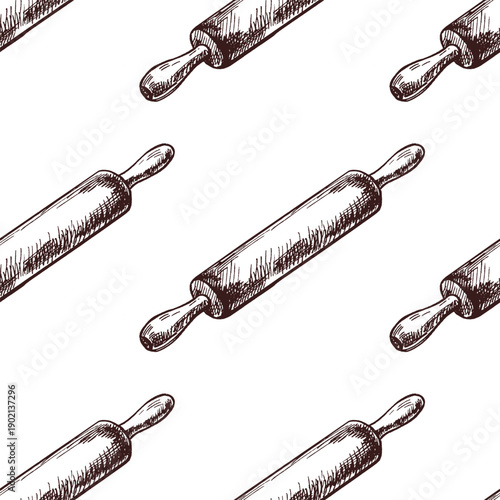 Hand drawn vintage seamless pattern of wooden rolling pin in monochrome sketch style, isolated baking utensil illustration