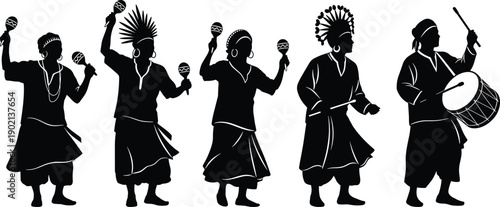 Black silhouettes of people wearing traditional clothing playing musical instruments