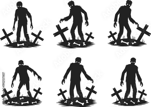 Black zombie silhouette collection walking in graveyard with crosses and bones, spooky undead monster set for Halloween cemetery design isolated on white background