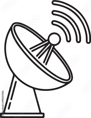 A black and white illustration of a satellite dish with signal waves emanating from it.