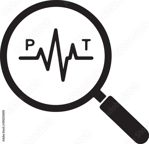 Magnifying glass with heart rate graph and letters p and t inside it.