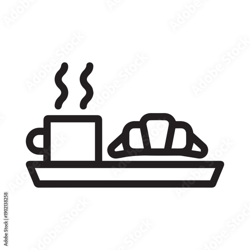 Breakfast icon with hot drink, croissant for web, mobile, promo, for accommodation, hospitality, food. Single outline, vector illustration.
