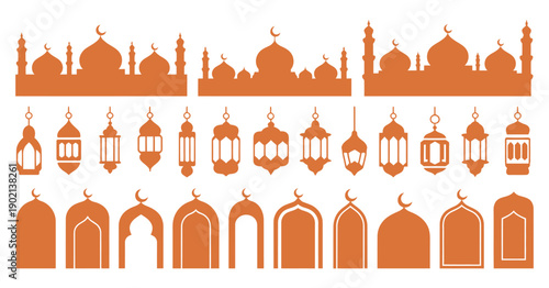 Islamic architecture icon set, mosque silhouettes and building shapes, vector graphics for Ramadan celebrations and festive design.