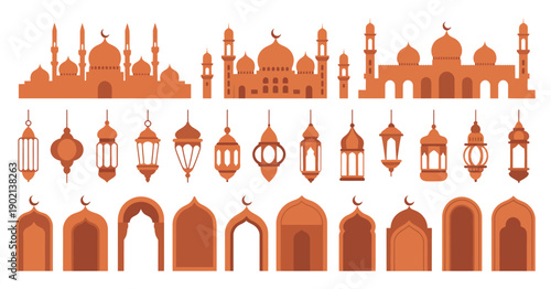 Islamic architecture icon set, mosque silhouettes and building shapes, vector graphics for Ramadan celebrations and festive design.