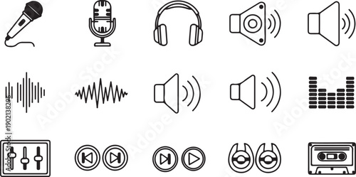 Collection of icons representing various audio and music related objects and symbols