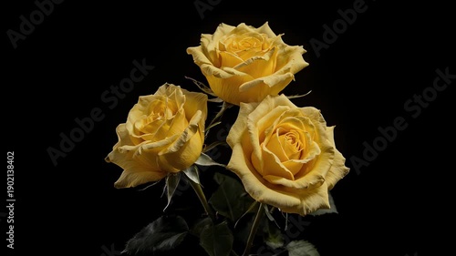 Three beautiful yellow roses against a stark black background. The roses have intricate petal arrangements and green stems, creating a striking contrast