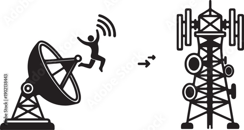 A person falling from a satellite dish towards a cell tower with wireless signals.
