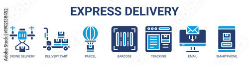Express Delivery web banner icon vector illustration concept with icon of drone delivery, delivery cart, parcel, barcode, tracking, email, and smartphone.