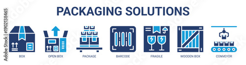 Packaging Solutions web banner icon vector illustration concept with icon of box, open box, package, barcode, fragile, wooden box, and conveyor.