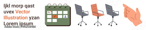 Scheduling, organization, workplace management, productivity, planning, teamwork. A calendar with a marked date, office chairs and a pointing hand. Scheduling and organization