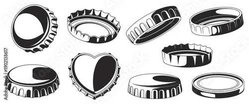 Bottle Caps Set Elements in Monochrome Style, Decorative Circular Cap Designs with Minimal Details for Packaging, Branding, Labels, Vintage Graphics, Prints, and Vector Design Projects