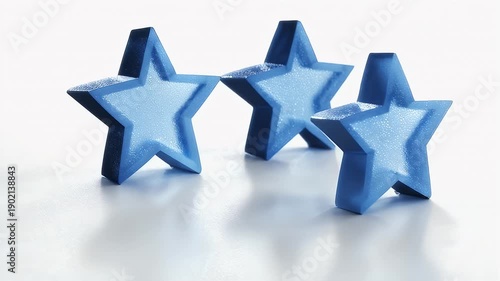 Three blue, five-pointed shapes stand on a bright white surface, casting shadows. The shapes appear to be textured