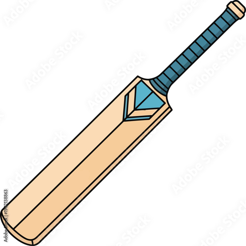 A cricket bat with a blue handle and a wooden knob