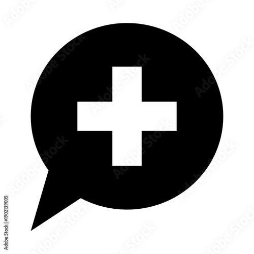 Minimalist healthcare communication icon with medical cross. Professional flat design speech bubble for telehealth services, medical advice portals, and pharmacy assistance