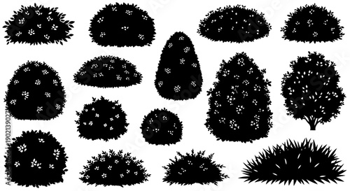 A collection of black and white silhouette illustrations of various shrubs and bushes, showcasing different shapes and sizes.